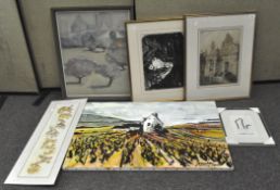 A quantity of pictures to include an oil and canvas landscape, signed (lower right),