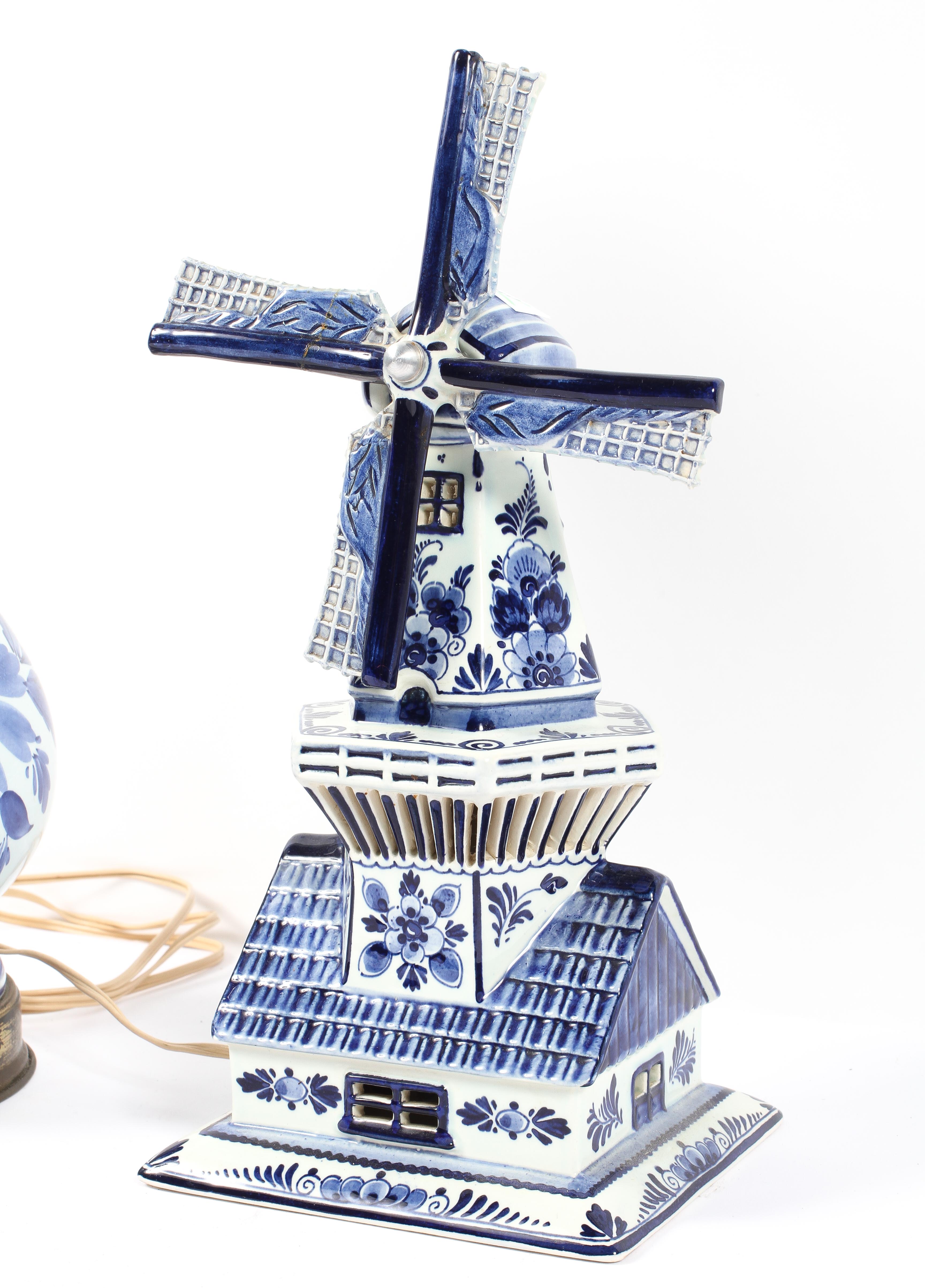 A vintage Delft Blue and white hand painted night light modelled as a windmill, - Image 2 of 3