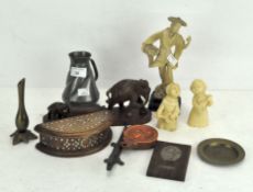 A variety of collectables, including a pewter jug, brass dish,