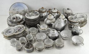 A collection of Japanese egg shell porcelain tea services, painted with figures before pavilions,