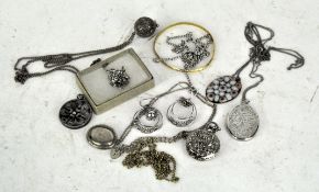 A silver and silver plated jewellery, including lockets, a micro mosiac pendant,