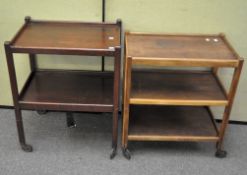 Two 20th century tea trolleys on casters, one with two tiers, 79 cm x 64 cm x 46 cm,