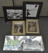 Four framed prints, comprising: Banksy, Lowry, Romney and Fragonard 39 cm x 29 cm max.