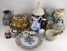 A quantity of assorted ceramics including a Majolica lidded platter, Delton Ware vase,