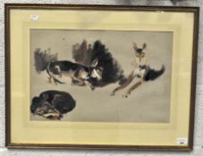 A contemporary oil on canvas preliminary artist's study of a dog, in three various positions,