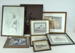 A quanity of pictures to include a Pollyanna Pickering print of a cat,