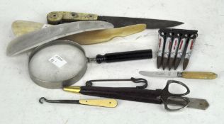 Assorted collectables, to include a bone shoe horn, vintage magnifying glass,