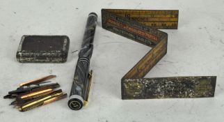 A vintage Waterman pen, adielising ruler by B.A.T. Co Ltd, Perry & Co pen box and a quantity of nibs