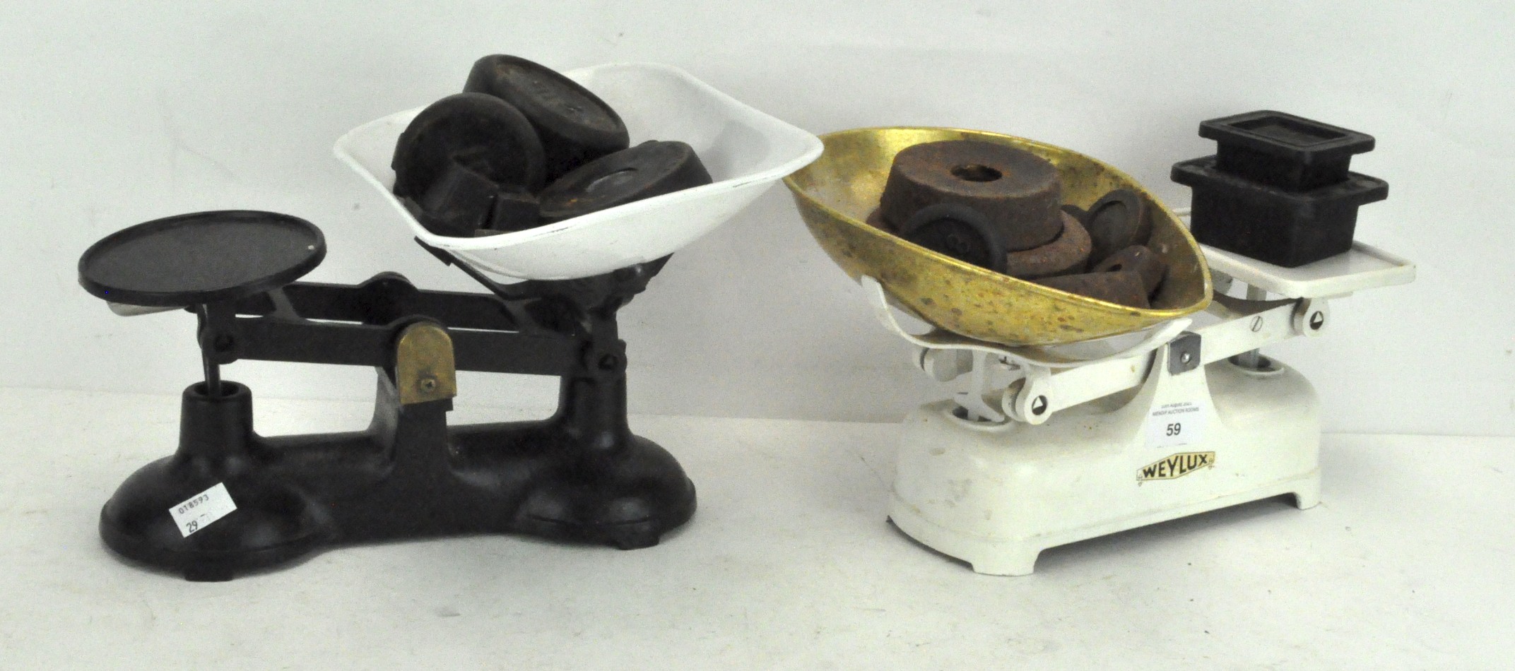 A set of vintage Weylux scales, painted white with a brass dish,