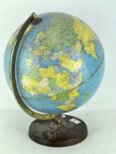 A Philips' 12" Political Challenge desk globe, on a circular wooden mount,