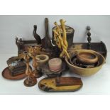 A quantity of 20th century treen including animal figures, candlesticks, bowls, boxes,