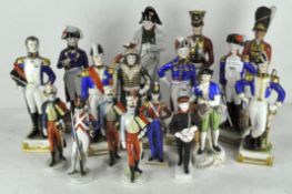 A collection of Continental porcelain military figures, including French Generals, Napoleon I,
