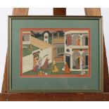 A picture of Indian Miniatures, courtiers welcoming a noble man in a courtyard, gouache,