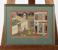 A picture of Indian Miniatures, courtiers welcoming a noble man in a courtyard, gouache,