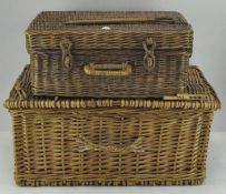 Two rectangular wicker baskets, both with hinged lids,