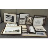 A large group of framed pictures including a chalk study of sunflowers, various prints,