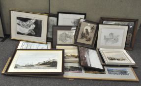 A large group of framed pictures including a chalk study of sunflowers, various prints,