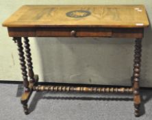A Victorian style walnut side table, the top inlaid with a flower spray,