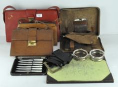 Various vintage items including two bags, a cased writing set, a grooming kit,