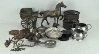 A collection of metalware including a Crown & Rose Pewter jug and sugar pot, silver plated dishes,