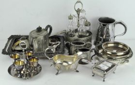 A selection of silver plated items including dishes, tea pots, sauce boat, cruet set,