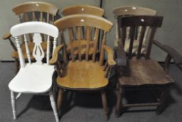 Six assorted slatted kitchen chairs, including two three carvers and a white painted example,