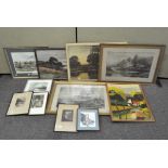 A selection of coloured prints, oils and engravings of landscapes, including an oil on board,