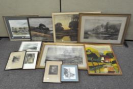 A selection of coloured prints, oils and engravings of landscapes, including an oil on board,