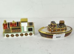 Crown Derby limited edition glazed and gilt models of a boat and train
