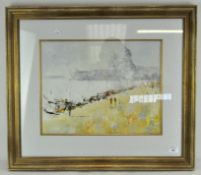 A Continental oil on canvas depicting a seascape with boats moored to shore, possibly Venice,