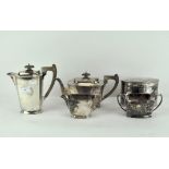 Art Deco silver plated part tea service including a teapot and cover, a coffee pot and cover,