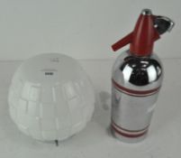 A retro red and chrome 'Sparklets Limited' soda syphon and a chrome and white glass light shade