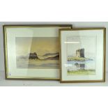 H Jones, 1989, watercolour depicting a remote castle surrounded by water, framed and glazed,
