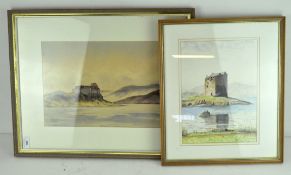 H Jones, 1989, watercolour depicting a remote castle surrounded by water, framed and glazed,