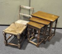 A 20th century nest of tables, height 47 cm, together with a child's chair and a rush seated stool