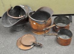 Two vintage copper coal scuttles and various mixed metal pans