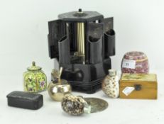 Assorted collectables, including a Victorian ebonised shell inlaid snuff box,