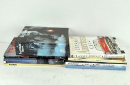 A quantity of reference books about cars, planes and trains, including 'Spitfire' by Robert Jackson,