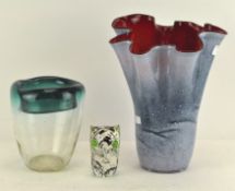 Three pieces of Studio Art Glass, including a frill shaped cased vase with bubble inclusions,