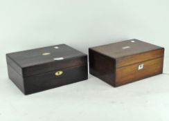 Two Victorian jewellery or work boxes, the first rosewood, inlaid with rectangular mother of pearl,