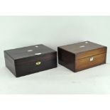 Two Victorian jewellery or work boxes, the first rosewood, inlaid with rectangular mother of pearl,