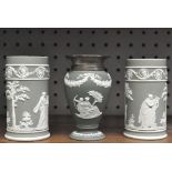 A small pair of Wedgwood dipped green jasperware cylindrical vases,