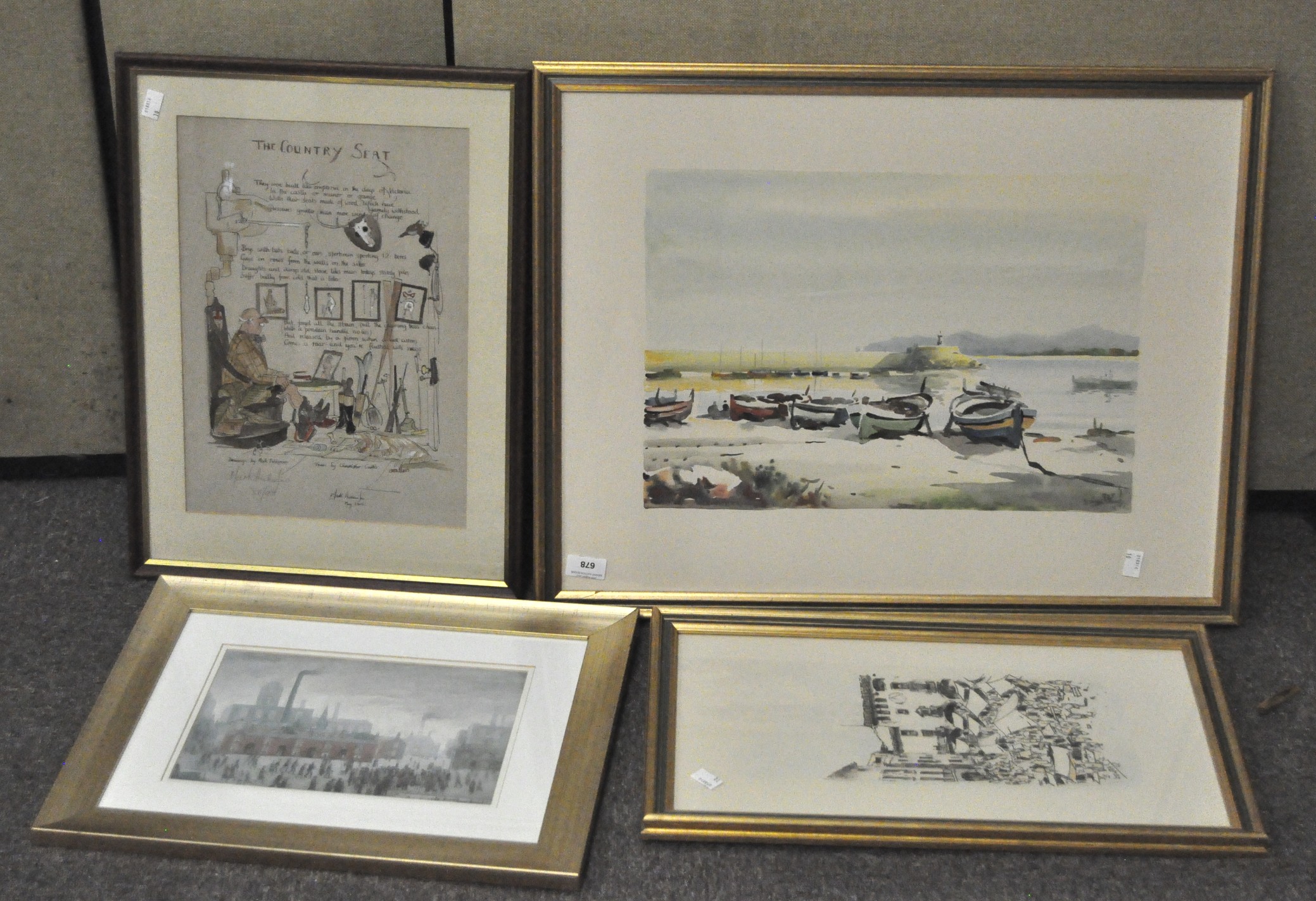 A selection of framed pictures and prints, including: a harbour scene,