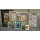 Four pieces of contemporary Eastern artwork, including a silk painting of a cityscape,