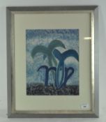 A silk painting in shades of blue, perhaps of abstract oriental characters, circa 1970's,