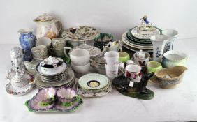 A quantity of 20th century ceramics including Wedgwood green leaf dishes, a part lustreware tea set,