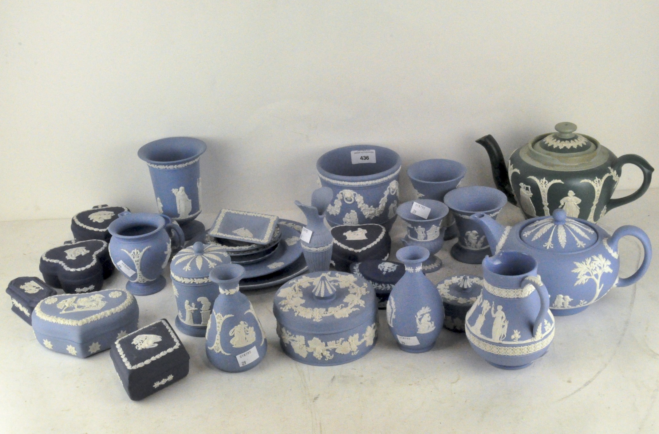 A large collection of mainly 20th century Wedgwood blue jasperware