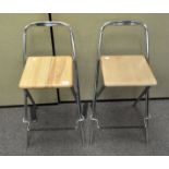 Two Habitat high stools with wood seat and chrome frames,