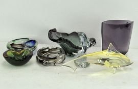 A collection of Studio and Art Glass, 20th century, including: two models of dolphins,