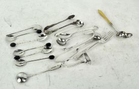 A selection of assorted silver flatware, including Georgian mustard spoon,